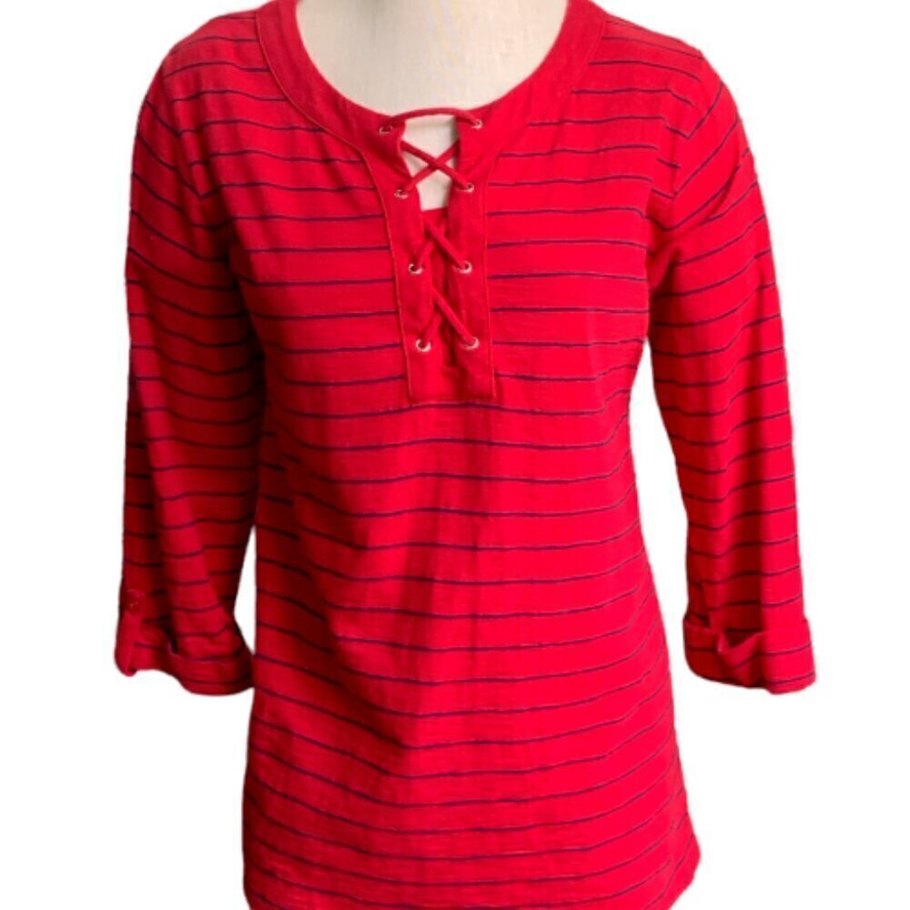 Croft & Barrow Lace Up Striped Tee Top Sz 2X ‎ Red #19M